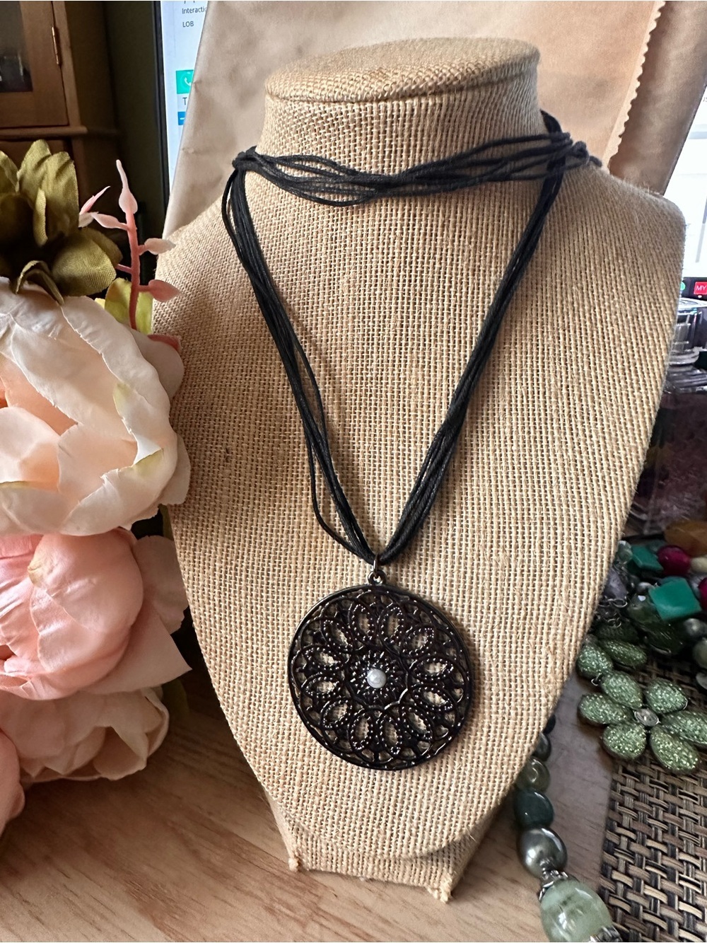 Boho Black Filigree Pendant Necklace | Layered Cord with Necklace Festival Chic - Picture 2 of 3